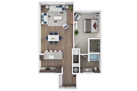 A top-down view of a small apartment with a living room, kitchen, and bathroom.